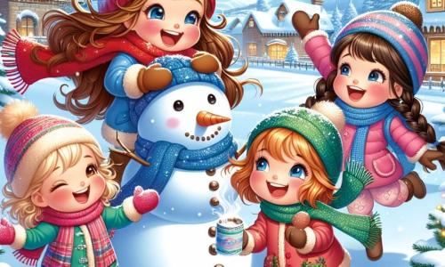Vier blije meisjes van ongeveer 10 jaar staan in het midden van de afbeelding. Emma, met lang bruin haar en een rode sjaal, bouwt een sneeuwpop, lachend en geconcentreerd. Rechts van haar gooit Sophie, met blonde vlechten en een blauwe muts, lachend een sneeuwbal. Links staat Noor, met zwart krullend haar en een roze jas, die juichend in de lucht springt. Ten slotte kijkt Mila, met kastanjebruin haar en een groene sjaal, met een grote glimlach toe terwijl ze een kop warme chocolademelk vasthoudt. De achtergrond toont een charmant besneeuwd dorp met huizen met sneeuwbedekte daken en glinsterende dennenbomen. De lucht is helderblauw met zacht vallende sneeuwvlokken, wat een magische winterse sfeer creëert. De meisjes genieten van een zonnige winterdag, omringd door verse sneeuw, lachend en spelend samen.