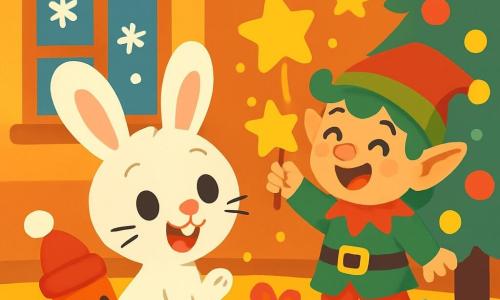 Ein kleiner Hase mit großen Ohren, weichem, schneeweißem Fell, steht im Mittelpunkt des Bildes, mit weit aufgerissenen Augen vor Überraschung und einem erstaunten Lächeln auf seinem Gesicht. Neugierig schaut er auf eine kleine Karotte, die eine süße rote Mütze mit einem Pompon trägt. Neben ihm lacht ein schelmischer Kobold mit lockigem, grünem Haar, gekleidet in einem leuchtend roten und grünen Anzug, fröhlich und mit funkelnden Augen, während er einen leuchtenden Stern hochhält. Der Hintergrund ist ein gemütliches Weihnachtszimmer, gefüllt mit glitzernden Girlanden, Schneeflocken an den Fenstern und einem großen Tannenbaum, der mit bunten Kugeln und funkelnden Lichtern geschmückt ist. Auf dem Boden liegen bunte Geschenkpapierfetzen verstreut, was eine festliche Atmosphäre schafft. Die Szene zeigt den kleinen Hasen und den Kobold, die zusammen Spaß haben, während der Kobold leuchtende Sterne in die Luft wirft und der Hase, begeistert, versucht, sie mit seinen kleinen Pfoten zu fangen.