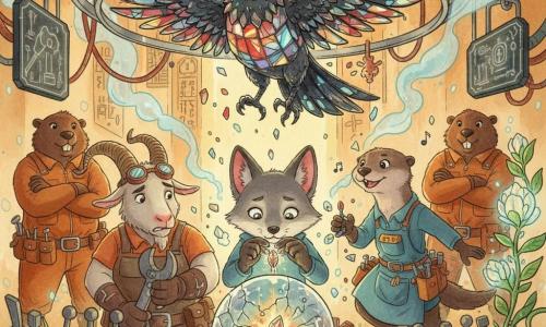 Lio, un pequeño zorro gris de ojos color té, concentrado y tímido, sostiene una semilla luminosa de cristal-cobre y la coloca en el centro de una esfera agrietada; Maesa, una robusta cabra mecánica con gafas de cobre, preocupada pero decidida, sostiene una gran llave inglesa a la izquierda; el Cuervo de Espejo, un cuervo de superficies reflectantes y fragmentos de vidrio, flota sobre el Sello emitiendo mil reflejos; Rin, una nutria jardinera de pelaje oscuro y delantal lleno de semillas y circuitos, flota a la derecha canturreando y tocando plantas flotantes; al fondo dos castores guardianes con monos de taller observan; la escena ocurre en la Cámara del Motor Central, con anillos metálicos suspendidos, placas de obsidiana con runas luminosas, cables torsadados y vapor azul, y en el centro una gran esfera de vidrio fisurada que chisporrotea mientras reparan el Sello de Armonía entre máquinas y plantas flotantes con luces cálidas y frías, gestos precisos y una música susurrante que cura la grieta.