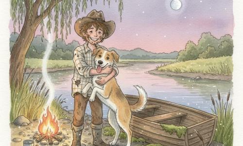 A boy, Eli, about 13, face speckled with mud, messy brown hair, broad smile and proud look, stands by a small wooden boat pulled ashore, hugging his medium-sized dog Biscuit—sandy-and-white coat, tongue lolling, tail wagging—on the right. Eli wears a worn cotton plaid shirt, brown pants soaked to the knees, muddy boots and a crooked cowboy hat. The old wooden boat has cracked, mossy planks and rests on smooth pebbles and dark mud with footprints. The bank has a drooping willow, tall yellow grasses and reeds, and round stones forming a slippery path to the water. A small campfire crackles to the left with a tin can nearby and thin smoke rising into a twilight sky painted violet, indigo and pink, a low silver moon and early stars reflecting softly on the calm river. The scene conveys triumphant, happy fatigue: water dripping from boots, mud-smeared boat, relieved posture and companionship between boy and dog, warm firelight contrasting with the cool evening.