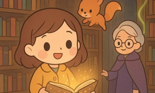 An 8-year-old girl, radiant and wide-eyed with rosy cheeks, wears a mustard-yellow jacket and blue skirt, holding an old map with glowing golden symbols; a small red-furred squirrel-fox mix (Whiskers) with a bushy tail perches on a shelf to her right; an elderly woman of about 70 in a purple cloak and round glasses stands by an arched door, hand on a glowing vine, smiling kindly; the scene is an underground secret library with tall dark wooden shelves, colorful shiny books, hanging green bioluminescent vines and warm golden light; the girl discovers a sparkling book on a lectern as the map in her hand pales and its golden symbols illuminate—the mood is magical, calm, and curious.