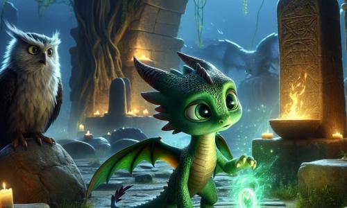 Fiammetta, un giovane drago di piccole dimensioni con una pelle verde smeraldo scintillante, si trova al centro di un antico cerchio di pietre, i suoi occhi brillano di eccitazione e curiosità. Tiene tra le zampe un amuleto luminoso, con un'espressione di meraviglia e apprensione. Nelle vicinanze, un vecchio gufo saggio di nome Eldorin, con piume grigie e occhi penetranti, osserva la scena con preoccupazione, posato su una pietra. Il luogo è un antico quartiere abbandonato di Arcania, con rovine di pietre consumate dal tempo, liane verdognose che si aggrappano ai muri e una luce lunare che filtra tra i rami contorti, creando un'atmosfera magica e inquietante. Fiammetta è pronta ad attivare l'amuleto, circondata da un'aura di mistero, mentre un leggero vento solleva le sue squame e fa danzare le ombre attorno a lei, come se passato e presente si unissero in un momento cruciale.