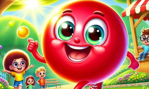 Pallo, una piccola palla di gomma rossa brillante con un sorriso gioioso, rimbalza entusiasta al centro di un parco soleggiato, con gli occhi scintillanti di curiosità. È circondato da verde brillante e giochi colorati, come altalene e uno scivolo, che aggiungono un tocco di allegria alla scena. Vicino, un gruppo di quattro bambini, tutti vestiti con t-shirt colorate, guarda Pallo con espressioni di eccitazione e meraviglia. Una bambina con capelli ricci e un vestito giallo indica un grande albero, mentre un ragazzo con occhiali rotondi e una t-shirt blu tiene in mano un piccolo bottone dorato, con un'aria intrigata. Il parco è pieno di fiori multicolori e un cielo azzurro chiaro, creando un'atmosfera gioiosa e amichevole. Sullo sfondo, un chiosco in legno, dove un uomo sorridente serve gelati, aggiunge vita a questa scena animata. La situazione principale mostra Pallo e i bambini intenti a risolvere il mistero del pallone da calcio scomparso, con espressioni determinate sui loro volti, pronti a esplorare e scoprire indizi nascosti nel parco.