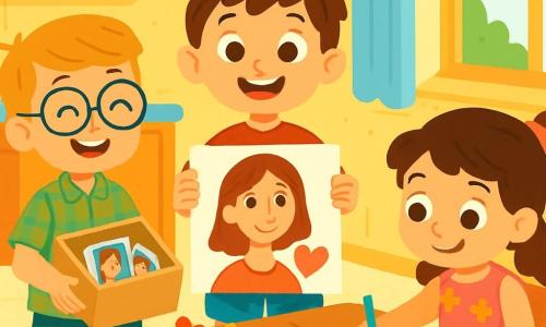 Ci sono 3 personaggi: Leo, un ragazzo di 7 anni con capelli castani disordinati e occhi vivaci, indossa una maglietta rossa e pantaloni corti blu, al centro mentre tiene un grande disegno colorato di una mamma con un cuore. Marco, un ragazzo di 7 anni con capelli biondi e occhiali rotondi, indossa una camicia a quadri e pantaloni verdi, è a sinistra di Leo, sorridente con una scatola piena di foto. Gigi, una ragazza di 6 anni con capelli lunghi e ricci legati in una coda di cavallo, indossa un vestito rosa con fiori, è a destra di Leo mentre disegna con colori su un grande foglio di carta. La scena si svolge in una cucina accogliente con pareti giallo chiaro, una grande tavola di legno decorata con fiori colorati e raggi di sole che filtrano attraverso una finestra, creando un'atmosfera gioiosa. I tre stanno preparando un regalo sorpresa per la festa della mamma, sorridenti ed entusiasti, circondati da disegni e colori, pronti a celebrare l'amore per la mamma di Leo.