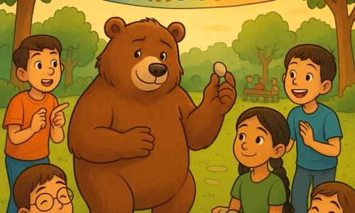 Bruno, un grande orso bruno antropomorfo dal pelo morbido, appare ansioso e fiero; tiene in alto un piccolo sasso chiaro e sorride timidamente alla folla. Amina, una bambina con due trecce e pelle olivastra, è seduta accanto a Bruno su una piccola pedana, calma e incoraggiante, con tre sassi lisci in mano. Leo, un ragazzo energico dai capelli corti e pelle chiara, sta dietro Bruno, applaude e indica sorridendo; una ragazza con l’apparecchio ride con un fischio gioioso su una panchina a destra; un ragazzo con una stampella decorata osserva curioso a sinistra; due gemelli parlano in coro sullo sfondo. Ambientazione: parco di quartiere al tardo pomeriggio con alberi, prato, una bandiera colorata 