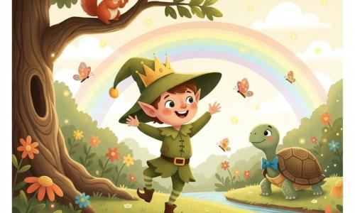 A mischievous smiling boy elf with a round face, rosy cheeks and a slightly askew large green hat wears a golden paper crown and dances joyfully center-stage in a sunny fairy-forest clearing; Flicker, a small red squirrel with bright eyes, perches on a branch above applauding, while an elegant turtle with a blue bow tie and textured shell stands by a sparkling stream observing; colorful translucent butterflies and dancing flowers fill the green grass, an ancient oak sits left, a faint rainbow and glowing fireflies complete the warm, welcoming scene celebrating the discovery of the crown.