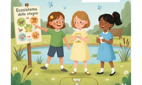 Tre bambine di circa 5 anni: Lina, castana chiara caschetto, vestito giallo pallido, tiene una piccola clessidra di plastica e sorride concentrata al centro; Nora, castana con mollettina a stella e maglietta verde, indica a sinistra un grande pannello colorato; Giada, capelli neri in coda e vestito celeste, ride tenendo un quaderno e una matita a destra. Sono in un piccolo parco vicino a uno stagno con ninfee e libellule, davanti al pannello illustrato 