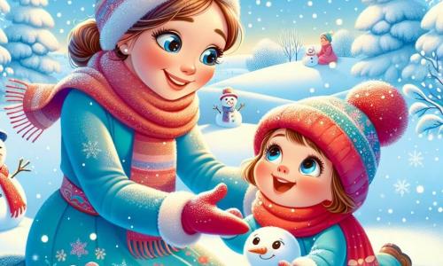 Ein kleines Mädchen von einem Jahr mit großen, leuchtenden Augen und rosigen Wangen liegt im Schnee und baut einen Schneemann. Sie trägt einen hübschen, leuchtend blauen Mantel, einen roten Schal und eine kleine Mütze mit Bommel. Ihr Gesicht zeigt immense Freude und Staunen. Neben ihr steht ihre Mama, eine etwa 30-jährige Frau mit braunen, zu einem Dutt gebundenen Haaren, die einen warmen, bunten Mantel trägt. Sie lächelt zärtlich, während sie ihre Tochter ansieht, mit ausgebreiteten Armen, bereit, mit ihr einen Schneemann zu bauen. Die Szenerie ist eine märchenhafte Winterlandschaft mit sanft fallenden Schneeflocken, schneebedeckten Bäumen und einem hellblauen Himmel. Im Hintergrund sind weiße Hügel zu sehen, die eine magische Atmosphäre schaffen. Die Hauptsituation zeigt das kleine Mädchen und ihre Mama, die zusammen im Schnee spielen, lachen und unter einem hellen Winterhimmel Schneeengel machen.