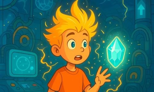 Lumos, ein junger Junge mit leuchtenden Haaren wie Sonnenstrahlen, steht im Zentrum eines futuristischen Kontrollraums, seine Augen strahlen vor Neugier und Staunen. Er beobachtet mit einer Mischung aus Aufregung und Besorgnis die tanzenden Energiestrahlen um ihn herum. Neben ihm schwebt ein alter Kristall mit funkelnden Facetten und einer geheimnisvollen Aura, der sanftes Licht ausstrahlt und ihm weise Ratschläge zuzuflüstern scheint. Im Hintergrund erzeugen organisch geformte Maschinen und sich drehende Zahnräder eine dynamische und magische Atmosphäre. Der Raum ist mit transparenten Wänden gefüllt, die einen stürmischen Himmel mit blitzenden dunklen Wolken zeigen. Bunte Kabel schlängeln sich über den Boden, und Hologramme schweben in der Luft und projizieren Bilder ferner Welten. Lumos bereitet sich darauf vor, seinen Weg zu wählen, zögert zwischen dem Aufstieg zum Wolkenarchiv, dem leuchtenden Portal und dem geheimnisvollen Aufzug, während die Energie der Zeit um ihn herum zu vibrieren beginnt und eine Atmosphäre von Spannung und Abenteuer schafft.