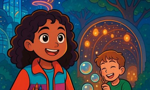 A 10-year-old girl named Luna stands at the center of the scene, with curly hair and sparkling curious eyes. She wears a colorful jacket with pockets full of crayons and holds a small notebook under her arm, displaying a look of wonder and determination. Beside her, a boy with scraped knees, also around 10 years old, is having fun blowing soap bubbles that reflect colorful lights, laughing joyfully. In the background, an old futuristic park is filled with bright games, shimmering glass structures, and tall trees with musical leaves, while a large spiral carousel lights up the night sky. The scene depicts Luna and the boy discovering a secret passage beneath a lantern tunnel, where soft, warm lights dance around them, creating a magical atmosphere full of adventure promises.