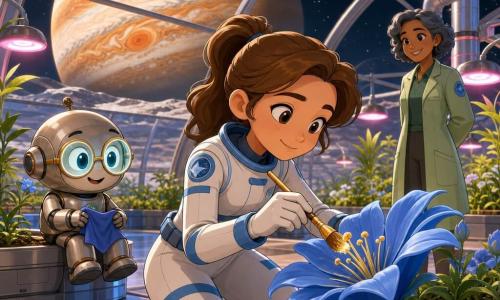 A personagem principal é Luna, mulher de rosto doce e sorridente, cabelos castanhos apanhados em rabo de cavalo, vestindo uma roupa espacial branca e azul, concentrada e serena enquanto poliniza delicadamente uma grande flor azul com um pequeno pincel dourado; o personagem secundário é Tito, um pequeno robô metálico redondo com óculos luminosos, alegre e curioso, apoiado numa jardineira à esquerda de Luna segurando um pano azul; outro personagem secundário é a Dra. Amara, mulher de cerca de 40 anos, pele morena, cabelos curtos acinzentados, de bata verde, sorrindo e observando a estufa ao fundo; o local é uma grande estufa geodésica de vidro em Ganimedes com fileiras de vasos de plantas, lâmpadas horticulturais rosadas e chão metálico refletivo; através do domo vê-se Júpiter enorme no horizonte; a cena mostra Luna ajoelhada diante de flores luminescentes, polinizando enquanto Tito ajuda e a Dra. Amara aplaude discretamente, num ambiente caloroso e esperançoso.