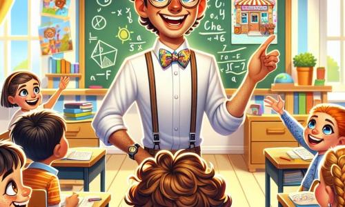 El personaje principal es un hombre, el maestro Javier, alto y delgado, con una gran sonrisa y una pajarita colorida. Está sentado en una silla, rodeado de sus alumnos, con un aire entusiasta en el rostro mientras explica matemáticas con dibujos coloridos en una pizarra. Entre los alumnos, está Sebastián, un niño de 8 años, con cabello castaño desordenado y gafas redondas. Está sentado en el suelo, un poco nervioso pero sonriendo, sosteniendo un dibujo de su heladería. A su lado, Ana, una niña de 7 años con trenzas y un vestido de flores, lo anima con una gran sonrisa, levantando la mano para participar. La escena se desarrolla en un aula luminosa, con paredes pintadas de colores vivos, carteles educativos colgados y ventanas que dejan entrar la luz del sol. La situación principal muestra a Javier explicando alegremente matemáticas a sus alumnos, utilizando dibujos divertidos para hacer el aprendizaje lúdico, mientras Sebastián comparte su dibujo de la heladería, ganando confianza y entusiasmo.