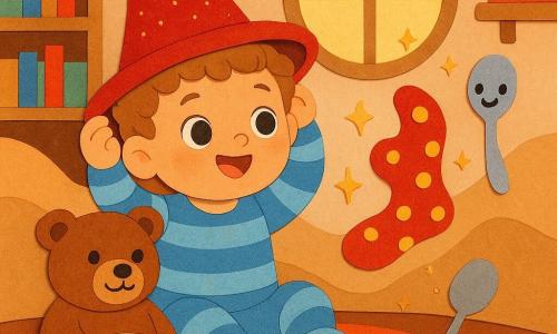A smiling 2-year-old boy with light brown curly hair and bright eyes in blue striped pajamas puts on a sparkling red wizard hat while a plump brown teddy bear sits beside him holding a tiny imaginary plate of cookies; a colorful magic sock (red with yellow polka dots) dances in the air leaving glittery sparks, a silver spoon with a small face floats and sings above the rug, warm bedroom with a star-pattern round rug, wooden bookshelves, a round window with golden light and rumpled blankets forming a soft hill; playful scene, vivid colors, rounded paper-cut shapes, visible paper textures, bold contrasts and black outlines.
