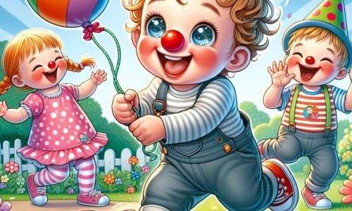 Ein einjähriger Junge mit großen, funkelnden Augen und lockigem Haar trägt eine große rote Clownsnase. Er lächelt fröhlich, während er einen großen bunten Ballon in den Händen hält, bereit zum Spielen. Neben ihm lacht ein dreijähriges Mädchen mit Zöpfen und einem gepunkteten Kleid, während es dem rollenden Ballon hinterherläuft. Ein vierjähriger Junge mit einem gestreiften T-Shirt und einer Clownsmütze zieht Grimassen und trägt zur fröhlichen Stimmung bei. Die Szene spielt in einem sonnigen Garten, der mit bunten Blumen und grünen Bäumen gefüllt ist, unter einem blauen Himmel mit fluffigen Wolken. In der Mitte haben der kleine Junge und seine Freunde Spaß daran, dem entkommenden Ballon nachzulaufen, was eine Atmosphäre aus Lachen und Glück schafft.