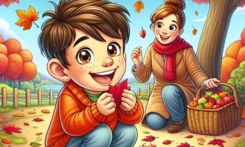 A 6-year-old boy named Max, with messy brown hair and a big smile, is collecting colorful leaves in an autumn park. He wears a bright orange sweater and jeans, his eyes shining with excitement. Next to him, his mom, a woman in her 30s with brown hair in a bun, encourages him while holding a basket of apples. She wears a red scarf and a beige coat, smiling warmly at Max. The park is filled with trees with vibrant leaves, ranging from bright red to brilliant orange, and the ground is covered with crunchy fallen leaves. In the distance, a light blue sky dotted with fluffy white clouds can be seen, while birds fly joyfully. Max, delighted, crouches down to pick up a heart-shaped leaf, amazed by its bright color, while his mom watches him lovingly, ready to help him create a beautiful autumn collage.