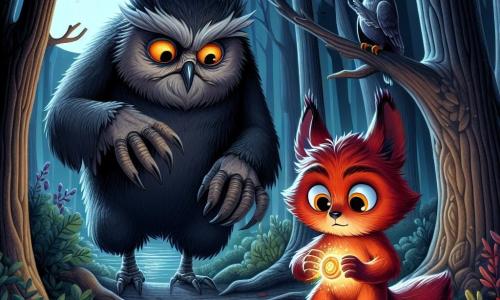 Într-o pădure întunecată și misterioasă, un tânăr vulpix pe nume Radu, cu blana sa roșie aprinsă și ochii mari strălucitori, stă în centrul scenei, cu o expresie hotărâtă dar puțin îngrijorată, ținând un medalion luminos în labele din față. Aproape, o bufniță bătrână și înțeleaptă, cu pene gri și ochi pătrunzători, îl observă pe Radu cu o privire binevoitoare, așezată pe o ramură joasă, pregătită să-i ofere sfaturi. Decorul este o poiană înconjurată de copaci cu trunchiuri noduroase și frunze întunecate, unde lumina lunii filtrează printre ramuri, creând umbre dansante pe solul acoperit de frunze uscate. Radu se pregătește să înfrunte o umbră amenințătoare care iese din întuneric, simbolizând fricile sale, în timp ce medalionul strălucește intens, iluminându-i calea și dezvăluind curajul care zace în el.