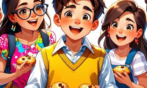 Um garoto de 12 anos, Tomás, com cabelos castanhos bagunçados e um grande sorriso travesso, usa um colete amarelo vivo com detalhes prateados. Ele está rindo, com os olhos brilhando de alegria, enquanto se encontra no centro de um pequeno grupo de amigos. À sua direita, Lara, uma garota de 12 anos com cabelos longos e cacheados, veste um vestido florido e segura um biscoito na mão, rindo alto. À sua esquerda, João, um garoto de 12 anos com óculos redondos e uma camiseta listrada, faz uma careta engraçada, com os braços abertos, como se estivesse imitando um palhaço. Por fim, Gui, um garoto de 12 anos com cabelo curto e um boné, observa com um sorriso travesso, segurando um mapa do tesouro nas mãos. O cenário é um parque ensolarado, com árvores verdes, um antigo carrossel colorido ao fundo e um banco de madeira onde há uma caixa de biscoitos. Flores multicoloridas bordam o caminho de cascalho, adicionando um toque de alegria ao ambiente. A situação principal mostra Tomás, cercado por seus amigos, planejando uma divertida caça ao tesouro, com risadas e gestos entusiasmados, criando uma atmosfera de camaradagem e aventura.