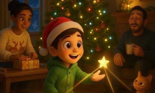 Um menino de 8 anos, olhos grandes e brilhantes, bochechas rosadas e sorriso maravilhado, de pijama de dinossauro verde e pequeno gorro de Natal vermelho, ajoelhado diante de uma grande árvore, estendendo a mão a um bilhete em forma de estrela que brilha suavemente; atrás dele, a alguns passos, a mãe (cerca de 35 anos) de cabelos castanhos em coque, com suéter de rena, está sentada embrulhando presentes; à direita da lareira, o pai (cerca de 37 anos), levemente barbado, semienterrado no sofá com uma caneca, tenta cantarolar uma canção de Natal; um gato ruivo observa a cena num almofadão junto à árvore; sala de estar natalina, aconchegante, chão de madeira brilhante, tapete macio, luzes piscantes multicoloridas na árvore carregada de bolas douradas, guirlandas e pequenas figuras, lareira com chamas pequenas, flocos desenhados na janela e uma mesa de centro com um biscoito, um copo de leite e uma cenoura para as renas; cena principal: o menino encontra o bilhete estrelado luminoso sob a árvore, de onde saem três trilhas delicadas de luz rumo à lareira, à janela nevada e à cozinha, criando uma atmosfera mágica, calma e curiosa; estilo: render 3D suave, texturas quentes, iluminação noturna em tons dourados e azuis, expressões faciais bem legíveis e detalhes infantis acentuados.