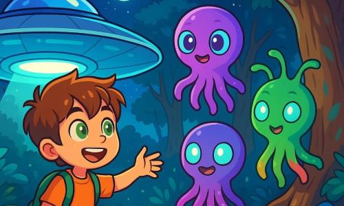 A 10-year-old boy named Oliver, with tousled brown hair and sparkling green eyes, stands in front of a shining spaceship, his face lit up with wonder and curiosity. Beside him, three aliens with iridescent skin, glowing eyes, and colorful tentacles float slightly above the ground, wearing friendly smiles. The setting is an enchanted forest, with tall trees having gnarled trunks, shimmering leaves under the moonlight, and luminescent flowers emitting a soft glow. The scene takes place near a majestic old oak tree, its roots intertwined with glowing stones. Fascinated, Oliver reaches out toward the spaceship while the aliens watch him kindly, ready to share their stories and knowledge.