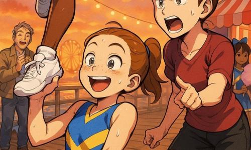 A 10-year-old girl with light brown hair in a tight ponytail, a round freckled face, focused and smiling, muscles tense, firmly holding a teammate aloft in a successful overhead lift on a pier at sunset; a woman coach about 35, fair skin, brown hair in a bun, determined brows, shouting encouragement and pointing for safety; a man about 40, the father, graying hair, light jacket, applauding near the boardwalk barriers with a proud face; a 12-year-old rival girl, tall and slender, black hair with a large blue bow, smiling from a nearby striped tent while holding cotton candy; the pier with worn wooden planks, warm string lights, a blurred Ferris wheel, an orange sky and golden reflections on the water; main scene showing clenched hands, concentrated joyful faces, tiny sweat drops, motion frozen like a dynamic photo and a blurred applauding crowd; visual style: bright manga, clean lines, saturated colors, exaggerated expressions and sparkling eyes, warm sunset light and soft contrasts.