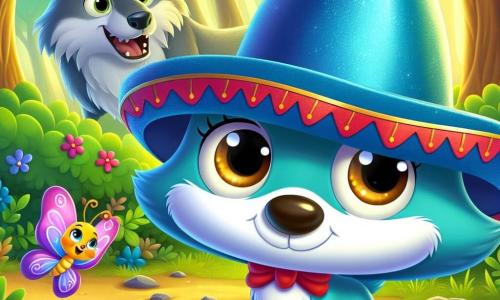 Ilustración que representa un pequeño sombrero azul brillante, con una pequeña banda roja, mostrando una expresión decidida y valiente. Se sostiene orgullosamente en el centro de la imagen, listo para enfrentar el peligro. Al lado, una pequeña mariposa de alas moradas, delicadas y coloridas, revolotea alegremente alrededor del sombrero, con una sonrisa traviesa en su rostro, expresando su entusiasmo y ligereza. Al fondo, un gran lobo de ojos penetrantes y pelaje gris, con una expresión de sorpresa y confusión, observa a los dos amigos desde un arbusto, con las orejas erguidas, listo para saltar pero intrigado por la situación. El lugar principal es un bosque encantado, con árboles majestuosos de troncos gruesos y hojas de un verde brillante, bañado por la luz dorada del sol que filtra a través de las ramas. La situación principal muestra al sombrero y a la mariposa usando su astucia para distraer al lobo, mientras que el lobo, cautivado por el espectáculo, parece dudar entre seguir con sus intenciones maliciosas o dejarse llevar por la alegría de la escena. Otros elementos gráficos incluyen rayos de sol iluminando la escena, pájaros cantando en los árboles y hojas cayendo suavemente a su alrededor, creando una atmósfera dinámica y encantada.