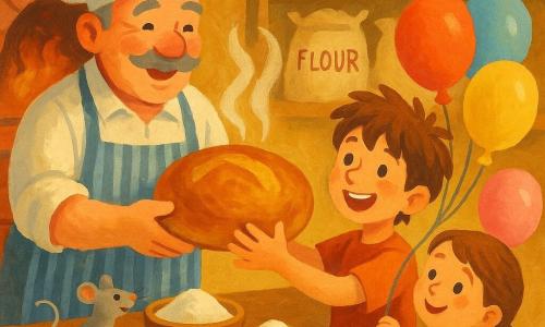 A smiling, kind baker Mr. Mill, round-faced with a gray mustache and striped apron, hands a large steaming golden loaf to a joyful 8-year-old boy, Sam, with messy brown hair and colorful balloons; nearby his 6-year-old sister Mia, small with a braid, smiles holding a pink balloon, while Pip the tiny gray mouse perches on the wooden counter by flour bowls; the warm bakery features a red brick oven with steam, wooden shelves of flour sacks and glass jars, hanging aprons and morning golden light through a large window, capturing the birthday-loaf moment—round shiny crust, rising steam, touching hands and happy faces—in a gouache palette of warm ochre, rust and cream with visible brush textures.