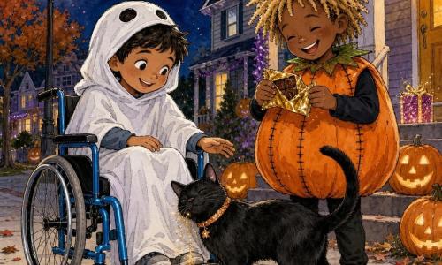 There are three characters: Tommy, a fair-skinned ~7-year-old with short brown hair in a white sheet ghost costume sitting in a blue-painted metal wheelchair at left, smiling and reaching toward the cat; Max, a fair-skinned ~7-year-old with tousled blond hair in a round orange pumpkin costume with black stitch rows, standing to Tommy’s right, chuckling and holding a half-open gold-wrapped chocolate; and a small black cat with a shiny coat and a sparkly orange collar at center-front, rubbing its head on the wheelchair wheel and leaving golden glitter on the sidewalk. The setting is a neighborhood street at night with a light-gray cement sidewalk strewn with brown and red autumn leaves, houses decorated with carved pumpkins and purple garlands, a lit porch in the background, a soft yellow streetlamp, and a dark sky with a silver moon and stars. The scene shows the boys discovering a small glittering gift box on Max’s doormat, sharing golden chocolates while the cat reveals a glitter trail leading to the box, creating a warm, magical, friendly atmosphere with visible colored ink strokes, fabric textures, and metallic chocolate reflections.