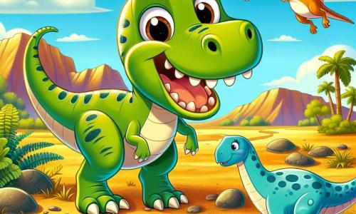 A young Tyrannosaurus Rex named Tino, with shiny green scales and big curious eyes, stands by a small pond. He looks joyful and determined, with a wide smile showing his small teeth. Next to him is a gentle Diplodocus named Della, with a long neck and light blue scales, leaning down to drink water, her eyes sparkling with kindness. In the background, a small orange Pteranodon named Penny flies happily in the blue sky, her wings spread and her expression playful. The landscape is a vast golden desert dotted with large green ferns and rounded rocks, under a sunny sky with a few white clouds. Tino and his friends have just discovered the pond, and they are all thrilled to share this moment of happiness together, surrounded by the beauty of nature.