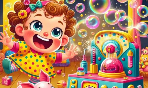 Uma menina de 4 anos, Lili, com grandes olhos brilhantes e cabelos cacheados, está rindo alto. Ela usa um vestido colorido de bolinhas e segura um botão vermelho da sua máquina de invenções, cercada por bolhas de sabão que flutuam ao seu redor. Ao lado dela, seu amigo Pipo, um travesso porquinho rosa com grandes orelhas, desliza pelo chão, com as patas para cima e um largo sorriso no rosto. O cenário é uma sala de estar acolhedora, cheia de brinquedos, com um tapete macio e paredes pintadas de amarelo vibrante. Uma máquina estranha e colorida, cheia de botões e luzes piscantes, está no centro da sala, soltando bolhas de sabão gigantes. A cena principal mostra Lili e Pipo em plena ação, rindo e tentando pegar as bolhas de sabão que saem da máquina, criando uma atmosfera alegre e divertida.