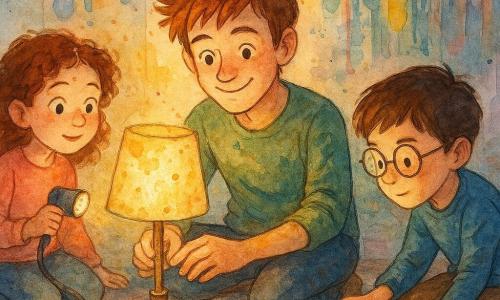 A young man, Theo, with tousled hair like brush strokes, smiles calmly. He is crouched near a makeshift lamp, his eyes sparkling with creativity. Next to him, a 9-year-old girl, Mina, with curly hair and rosy cheeks, holds a flashlight and observes intently. A 10-year-old boy, Luis, with round glasses and a focused expression, adjusts a small clay figure on the floor. The room is the Soft-Echo Room, filled with dim lights, colorful rugs, and thread curtains hanging like waves. The main scene shows Theo and the children repairing a lamp, creating an artistic workshop atmosphere where every detail shines with ingenuity and collaboration.