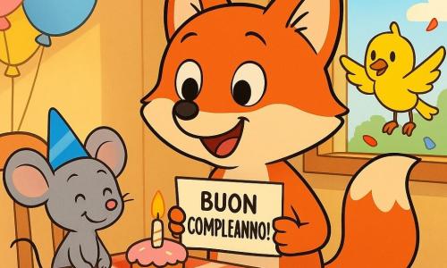 Un piccolo volpe rossa dal pelo soffice e lucente, occhi tondi ed espressivi, coda arrotondata e sorriso ampio con guance rosate, in piedi accanto a un tavolo di legno mentre tiene un biglietto “Buon compleanno!” e annusa curiosa; una piccola topo grigio dalle grandi orecchie, felice e timida, con un mini cappello di festa blu tiene una tortina con una candela alla sinistra della volpe sul tavolo; un uccellino giallo gioioso con ali aperte è posato sul davanzale della finestra a destra e lascia cadere un confetto; cucina calda e luminosa con tavolo in legno chiaro e tovaglia a quadri rossi e bianchi, finestre aperte con luce dorata del mattino, palloncini pastello legati allo schienale di una sedia e piccoli confetti sul tavolo; scena principale: mattina di compleanno a sorpresa, la volpe scopre il biglietto e sorride stupita mentre il topo porta la torta e l'uccellino lancia i confetti, colori vivaci, linee morbide e forme rotonde.