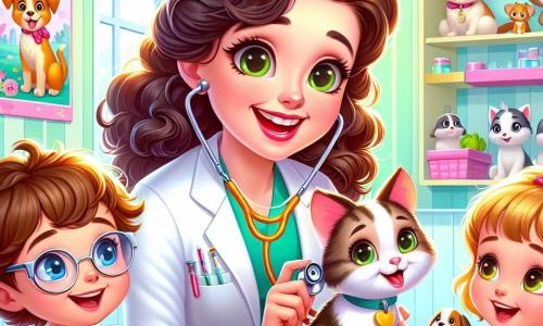 Dr. Lily is a cheerful veterinarian in her thirties with curly brown hair and a warm smile. She wears a white coat and holds a stethoscope, kindly looking at a small tabby cat she is examining. Next to her, an 8-year-old boy with blonde hair and round glasses observes curiously, holding a book about animals. A 6-year-old girl with brown braids approaches, holding a dog-shaped toy, her eyes shining with excitement. The scene takes place in a bright veterinary clinic with pastel green walls and posters of smiling animals. Animal toys are scattered on the floor, and a large window lets in sunlight. Dr. Lily carefully examines the cat while the children watch attentively, fascinated by the world of veterinarians.