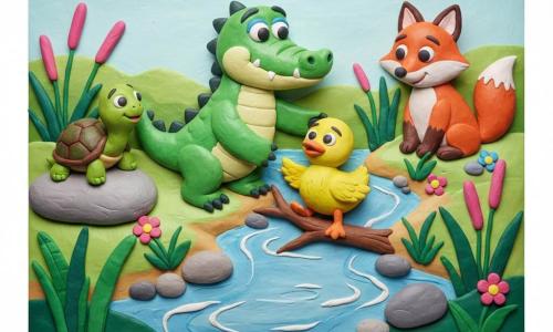 Un pequeño cocodrilo verde brillante de plastilina, ojos redondos y sonrisa benevolente, extiende una pata para liberar a un patito amarillo atrapado en una rama; una tortuga de caparazón marrón y verde está algo atrás sobre una piedra, un zorro rojizo sentado en la orilla derecha observa agradecido; orilla de arcilla colorida con juncos y agua azul claro con reflejos, guijarros y flores simples; momento de rescate amistoso con atmósfera luminosa, colores vivos, texturas y huellas de dedos visibles, composición centrada en el acto de ayuda.
