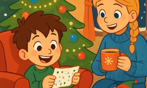 Un niño de 6 años, llamado Pablo, con el cabello castaño despeinado y ojos brillantes de curiosidad, está sentado en un gran sillón rojo cerca de un árbol de Navidad. Sonríe maravillado, sosteniendo un pequeño papel de colores en sus manos. A su lado, su hermana de 8 años, con trenzas rubias y un suéter de lana azul, lo mira con una sonrisa cómplice, sosteniendo una taza de chocolate caliente. La sala está decorada con guirnaldas brillantes y bolas de colores, con un gran árbol iluminado en el centro, mientras copos de nieve caen suavemente fuera de la ventana. La habitación es acogedora, llena de luces suaves y el aroma de galletas navideñas. Pablo descubre un mensaje misterioso del duende travieso, rodeado de confeti y pequeños juguetes esparcidos, mientras su hermana ríe al ver las sorpresas.