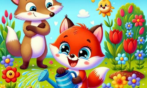 A little fox named Freddy, with bright red fur and big sparkling eyes, is watering flowers in a sunny garden. He is smiling widely, his little paws raised enthusiastically. Next to him, his mom, a gentle vixen with silky fur and affectionate eyes, encourages him with a smile while holding a colorful watering can. His dad, an older fox with slightly graying fur, watches proudly with his arms crossed, standing near a pile of fresh soil. The garden is filled with colorful flowers, including red tulips, yellow daffodils, and blue cornflowers, under a light blue sky dotted with fluffy white clouds. Birds are joyfully singing in the nearby trees, and butterflies are dancing around the flowers. Freddy and his parents are working together to make their garden beautiful, laughing and having fun while planting seeds and watering the flowers.