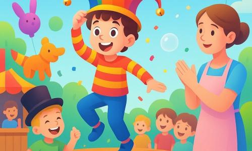 Un bambino di 8 anni, gioioso e sorpreso, indossa un grande cappello da buffone multicolore con sonagli brillanti, ha capelli castani ricci, occhi grandi e ridanciani, una giacca a righe rossa e gialla e danza su un piccolo palco di legno facendo tintinnare il cappello; una donna adulta (la mamma), circa 30–35 anni, sorridente e attenta, capelli castani raccolti, con un grembiule pastello, sta sul bordo del palco applaudendo con orgoglio; un amico di 8 anni, Luca, capelli biondi corti, tiene un grande cilindro nero e ride saltellando accanto al palco; il luogo è un parco soleggiato con prato verde, festoni, palloncini e bancarelle; la scena mostra una parata gioiosa e comica: il bambino sul palco balla in modo burlesco mentre la mamma applaude e l'amico ride, circondati da bambini sorridenti sotto un cielo azzurro.