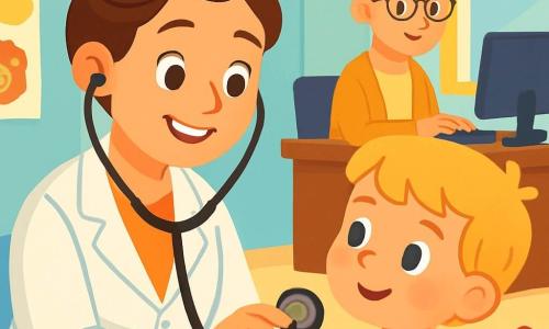 La doctora Sofía, una mujer sonriente de unos treinta años, lleva una bata blanca brillante y un estetoscopio alrededor del cuello. Sus ojos brillantes y su cabello castaño recogido en un moño añaden a su encanto. Está examinando a un niño de 6 años, con cabello rubio y mejillas sonrosadas, que la mira con curiosidad y una ligera sonrisa. Junto a ellos, una recepcionista de unos cincuenta años con gafas y un moño ordenado escribe en su computadora mientras observa la escena con una mirada amable. La clínica es luminosa y acogedora, con paredes pintadas de azul pastel, carteles coloridos de frutas y animales, y juguetes esparcidos por el suelo. En un rincón, una gran ventana deja entrar la luz del sol, iluminando la habitación. La situación principal muestra a la doctora Sofía tranquilizando al niño, mostrándole su estetoscopio con una gran sonrisa, mientras el niño, intrigado, toca el aparato con sus pequeñas manos.