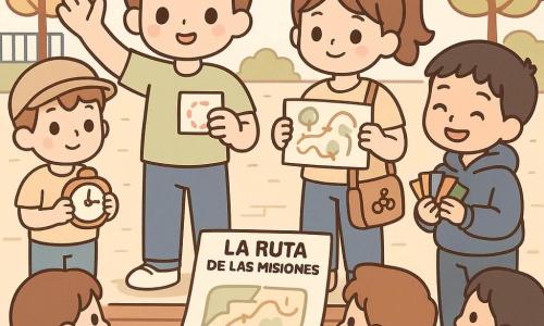 Un niño de 10 años, rostro dulce y ojos brillantes, expresión decidida y tranquilizadora, pelo castaño despeinado, camiseta verde claro y vaqueros, sostiene una pequeña carta de misión y levanta la otra mano indicando 