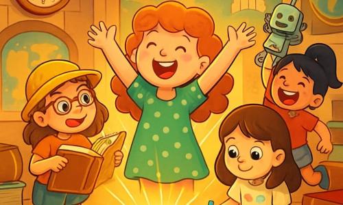 Ci sono 4 bambini: - Sofia: una ragazza di 8 anni, con capelli rossi e ricci, indossa un vestito verde a pois. È in piedi al centro, con le braccia alzate e un grande sorriso, guardando il cielo. - Marta: una ragazza di 8 anni, con un piccolo cappello giallo e occhiali da sole. È a sinistra di Sofia, mentre indica un grande libro antico che tiene in mano. - Giulia: una ragazza di 8 anni, con capelli castani e lisci, indossa una maglietta con disegni colorati. È a destra di Sofia, seduta per terra, disegnando su un rotolo di carta con dei colori. - Lucia: una ragazza di 8 anni, con capelli neri e una lunga coda di cavallo, indossa un pantaloncino di jeans. È dietro Sofia, saltando di gioia con un piccolo robot di metallo in mano. La scena si svolge in una sala magica piena di orologi antichi, mappe colorate e libri giganteschi, con pareti decorate da affreschi che rappresentano viaggi nel tempo, illuminata da una luce dorata che crea un'atmosfera incantata. I bambini stanno scoprendo una scatola misteriosa con un pulsante rosso, circondati da una luce splendente, eccitati e curiosi di vivere un'avventura incredibile nel tempo.