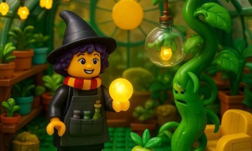 Una joven bruja, Lila, sonriente pero algo inquieta, sopla una pequeña bola luminosa de prudencia; lleva botas de goma verdes, bufanda a rayas rojas y amarillas, delantal con frascos, cabello corto rizado violeta y ojos risueños. Una planta trepadora animada se enrosca en una lámpara de vidrio detrás de ella; una pequeña criatura vegetal con botas (estilo papel animado) aplaude junto a un sillón de paja. Todo ocurre en un invernadero de cristal con macetas coloridas, guirnaldas de luciérnagas de papel, estanterías de madera y una gran ventana circular que deja entrar un sol cálido. La bola se transforma en una nube suave y tranquilizadora que envuelve las plantas, calma la trepadora y restablece la armonía; ambiente acogedor en tonos verdes y dorados, estilo diorama LEGO lúdico y cálido.