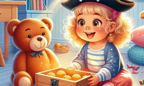 Een 2-jarig meisje, Lotte, met grote glanzende ogen en krullend bruin haar, draagt een papieren piratenhoed en heeft een stralende glimlach op haar gezicht. Ze zit onder een tafel en houdt een houten doos vast die vol zit met nep "gouden taarten", met een uitdrukking van blijdschap en opwinding. Naast haar zit haar trouwe metgezel, een bruine knuffelbeer, die er net zo enthousiast uitziet met een kleine geborduurde glimlach op zijn gezicht. De scène speelt zich af in een kleurrijke kinderkamer, met lichtblauwe muren, speelgoed verspreid over de vloer en zachte kussens rond de tafel. Een zonnestraal valt door het raam en verlicht de kamer, wat een warme sfeer toevoegt. Lotte ontdekt een mysterieuze doos onder de tafel, denkend dat deze een schat bevat, en deelt haar vreugde met haar knuffelbeer, waardoor een magisch moment van avontuur en verbeelding ontstaat.