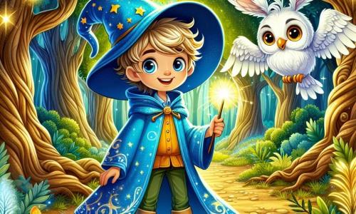 Un joven niño, Lucas, aprendiz de mago de siete años, se encuentra en el centro de un claro mágico, con ojos brillantes de emoción y una amplia sonrisa. Lleva una capa azul cielo adornada con estrellas brillantes y un sombrero puntiagudo que le cae ligeramente sobre la frente. En su mano, empuña una varita centelleante, lista para liberar un hechizo. A su lado, un majestuoso búho blanco, con plumas brillantes y ojos dorados, lo vigila, flotando ligeramente en el aire. Es el mensajero de Lucas, trayendo sabiduría y consejos. Un poco más lejos, un pequeño conejo dorado llamado Aurelio, con grandes orejas y pelaje brillante, lo observa atentamente, listo para ayudarlo en su búsqueda. El decorado es un hermoso bosque encantado, donde los árboles con troncos nudosos y hojas luminosas susurran secretos. Luciérnagas bailan a su alrededor, iluminando el camino con una luz suave y cálida. La escena principal muestra a Lucas preparándose para enfrentar una sombra amenazante que se perfila entre los árboles, con una luz dorada emanando de su varita, listo para defender la magia de su ciudad.