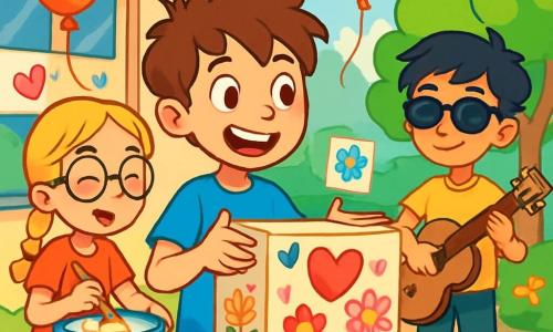 A 10-year-old boy, Max, with messy brown hair and sparkling eyes, stands at the center of the stage. He wears a bright blue t-shirt and red shorts, smiling excitedly while holding a large cardboard decorated with colorful drawings for Mother's Day. Next to him, his best friend Sasha, a 10-year-old girl with braided blonde hair and round glasses, is mixing ingredients in a large bowl, her cheeks flushed with enthusiasm. Leo, a 10-year-old boy with black hair and sunglasses, stands a bit back, holding a guitar and ready to play a song for the moms. The scene takes place in a sunny schoolyard surrounded by lush trees and colorful flowers. Multicolored balloons float in the air, and drawings of hearts and flowers are hung on the walls. Max, with a determined look, explains his plan to his friends as they laugh and bustle around him, eager to prepare the surprise for their moms.