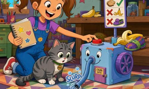 Mia, about 8, round face with freckles and light-brown hair in pigtails, beams proudly as she holds a spiral notebook and presses a big red button; nearby Pickle the grey tabby with round green eyes sits on a geometric rug watching; a small plastic machine with a flexible straw "trunk," a side wheel and a little plastic "Crumb Gate" sports a drawn smiling face and is slurping a crumb with a "slurp" bubble; on the table a half-peeled banana and a colorful slipper sit intact while the machine's panel shows a crumb with a check and the slipper/banana crossed out; the scene is a colorful, messy children's workshop with a wooden table strewn with paper bits, buttons, tape, stickers and jars on a shelf — a comic moment of victory as the invention dutifully sucks up a crumb.
