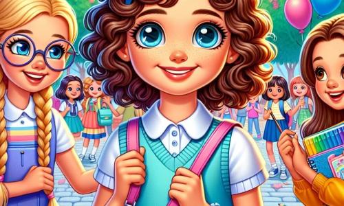 A 12-year-old girl, Mia, stands at the center of the image with curly brown hair and sparkling curious eyes. She wears a light blue school uniform, her wide smile lighting up her face, showing her excitement for the start of school. To her right, Grace, another 12-year-old girl with braided blonde hair and round glasses, encourages her with a big smile, holding a colorful backpack filled with school supplies. On the left, Lucy, a new friend of 12, has smooth brown hair and a shy expression, looking at Mia with admiration, holding a sketchbook. The setting is a lively schoolyard surrounded by tall trees with vibrant green leaves, with children playing and laughing in the background. Colorful balloons float in the air, adding a festive touch to the atmosphere. The main scene shows Mia and her friends getting ready for the first day of school, surrounded by a group of enthusiastic students sharing stories and laughter, capturing the excitement and anticipation of this new beginning.