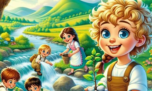 Păcăliciul, un băiat cu părul blond și buclat, cu ochi mari strălucitori de curiozitate, stă pe o piatră lângă un pârâu. Fața lui exprimă o determinare veselă, în timp ce ține o piatră albă în mână. Lângă el, sora lui mai mare, o fată cu părul brun și împletit, zâmbește în timp ce plantează un copăcel, ochii ei strălucind de mândrie. În fundal, ceilalți frați ai lui Păcăliciul, cu vârste între 6 și 10 ani, se ocupă cu adunarea pietrelor și curățarea pârâului, fețele lor fiind iluminate de entuziasmul muncii în echipă. Locul este o vale verde, scăldată în lumină aurie, cu coline blânde acoperite cu iarbă smarald și flori colorate care dansează în vânt. Pârâul, limpede și strălucitor, șerpuiește vesel prin peisaj, fiind înconjurat de copaci mari cu frunziș luxuriant. Situația principală arată cum Păcăliciul și frații și surorile lui sunt uniți într-un efort colectiv pentru a readuce la viață pârâul, cântând vesel în timp ce lucrează împreună, creând o atmosferă de camaraderie și magie.