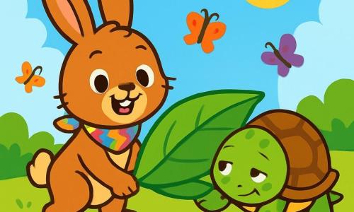Ein kleiner Hase mit großen Ohren namens Sami ist fröhlich und lächelnd. Sein weiches, braunes Fell trägt ein buntes Halstuch. Er trägt ein großes grünes Blatt mit einem Freund. Neben ihm ist eine Schildkröte namens Timo, die mit ihrem glänzenden Panzer und schelmischen Augen müde, aber glücklich aussieht. Sie schiebt das Blatt sanft mit ihren Beinen. Die Szenerie ist eine grüne Wiese unter einem strahlend blauen Himmel, übersät mit bunten Blumen und flatternden Schmetterlingen. Sami und Timo arbeiten zusammen, um das Blatt zu Timos Haus zu bringen und teilen einen Moment der Freundschaft und Solidarität.