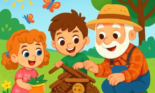 There are 3 characters: - Mia: a 5-year-old girl with sparkling blue eyes and bouncy curly hair. She wears a pink floral dress and stands on the left, smiling and holding a small bucket filled with leaves. - Max: a 5-year-old boy with a big smile and messy brown hair. He wears a green t-shirt and blue shorts. He is in the center, placing a branch in a small pile of materials to build the bug hotel. - Farmer Joe: an elderly man with a white beard and a straw hat. He wears a checkered shirt and jeans. He is on the right, crouching and showing the children how to assemble the bug hotel elements with a kind expression. The setting is a vibrant and colorful garden filled with bright flowers, fluttering butterflies, and lush trees. The sun shines in a clear blue sky, illuminating the garden and creating a joyful and welcoming atmosphere. The main scene shows Mia and Max, with Farmer Joe's help, building a bug hotel by stacking branches, leaves, and stones. The children are focused and happy, surrounded by the beauty of nature, while curious little creatures watch them.
