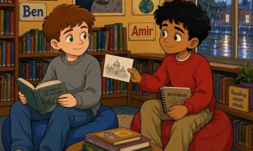Two boys, about 10: Ben, fair-skinned with short brown hair and green eyes, wearing a gray sweater and jeans, sits left on a blue pouf by a large window holding an open book and looking right; Amir, Middle Eastern with brown skin and slightly curly black hair, wearing a red hoodie and khaki pants, sits right on a red pouf offering a small drawing to Ben with a shy smile. They are in a cozy school library corner with soft light, wooden shelves of books, a light wood coffee table between them, a wide rainy window, a beige rug and colorful posters; the moment is quiet and warm, Amir gives the drawing and Ben accepts, expressions of trust and tenderness, warm pastel palette, rounded lines, 90s childlike style focused on their shared glance.