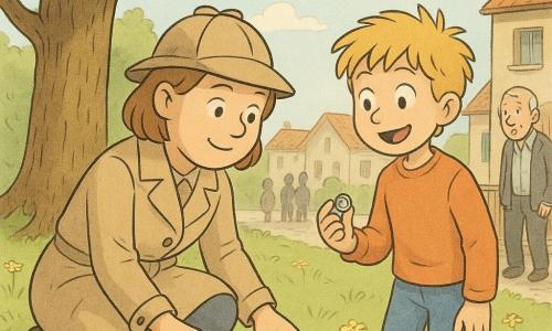 The detective is an adult woman with a round smiling face and light brown bobbed hair, wearing a beige trench and detective hat, kneeling to examine a small shiny metal button in the grass. A boy named Oliver, about nine, with tousled blond hair and an excited, curious smile, stands beside her holding the button between his fingers and looking at her. In the background Mr. Gray, about seventy, with a bent silhouette, watches from his doorstep on the village square. The scene is at the base of a large oak with exposed roots, green lawn dotted with yellow flowers, soft morning light, tile-roofed houses and cobbles, gently moving leaves, a closed town hall shopfront a few meters away and a blurred small crowd in the distance. The main moment is a bright hopeful discovery of the shiny button. Graphic style: pastel colors, soft lines, readable exaggerated expressions, slight grainy texture, warm calm atmosphere.